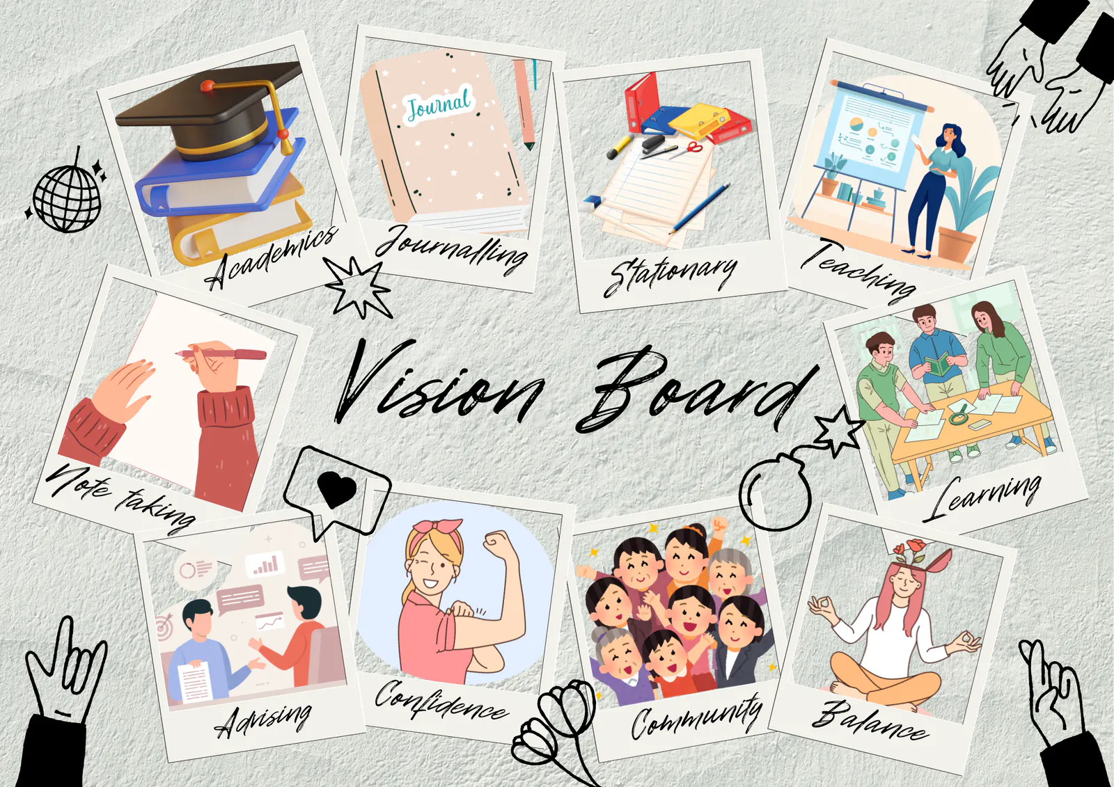 A vision board for The Good Student Co. exploring Academics, Journalling, Stationery, Teaching, Note taking, Learning, Advising, Confidence, Community and Balance